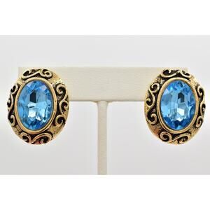 Vintage Crystal Clip On Earrings Sky Blue Antiqued Gold Heavy Chunky 1980s BinBB